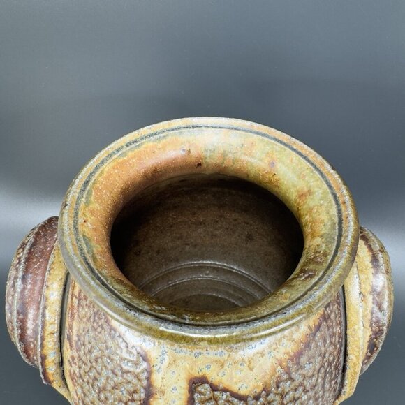 Vintage Hand Made USA Pottery Stoneware Vase Round Bottom Heavy With Handles VTG - Picture 5 of 13
